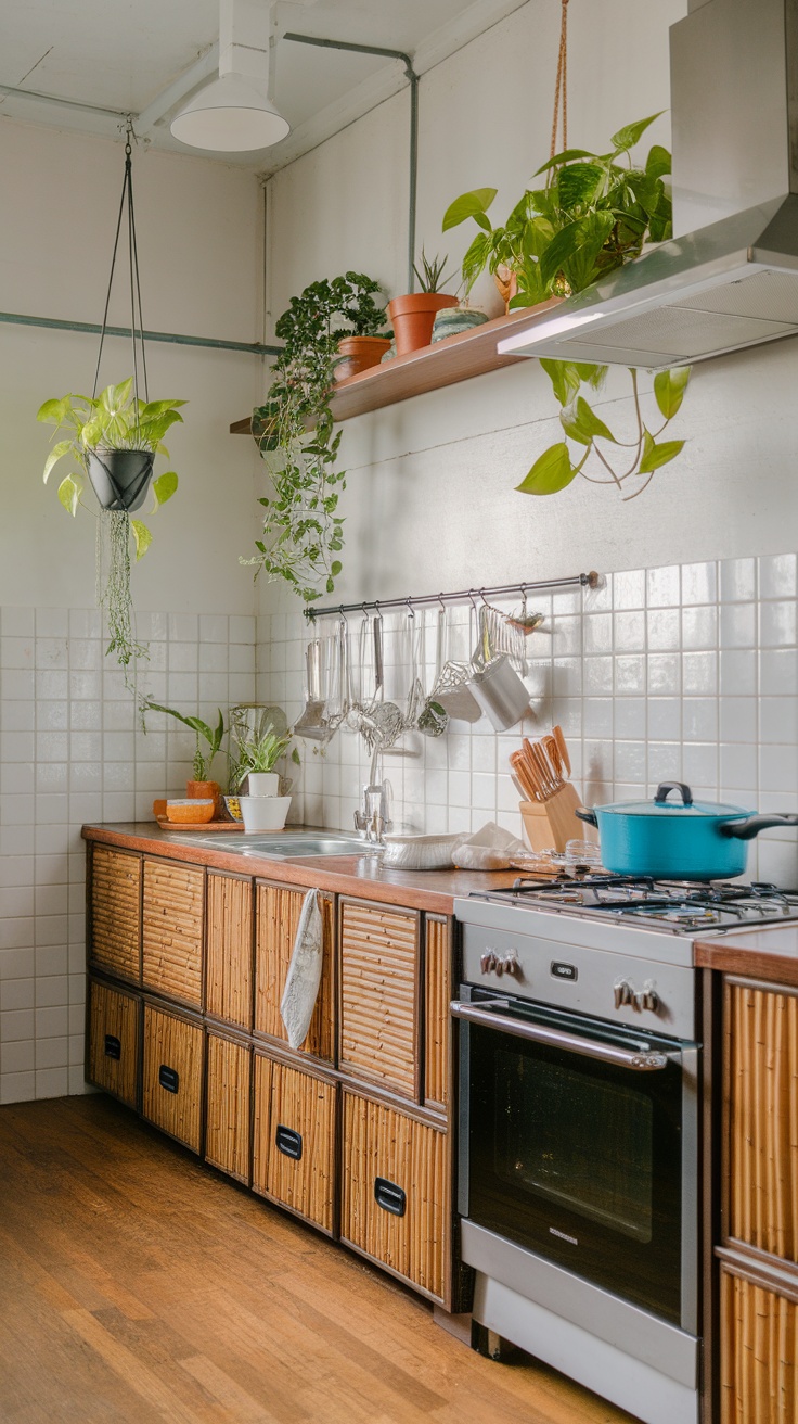 A modern kitchen featuring bamboo cabinetry and various plants, showcasing sustainable and eco-friendly design elements.