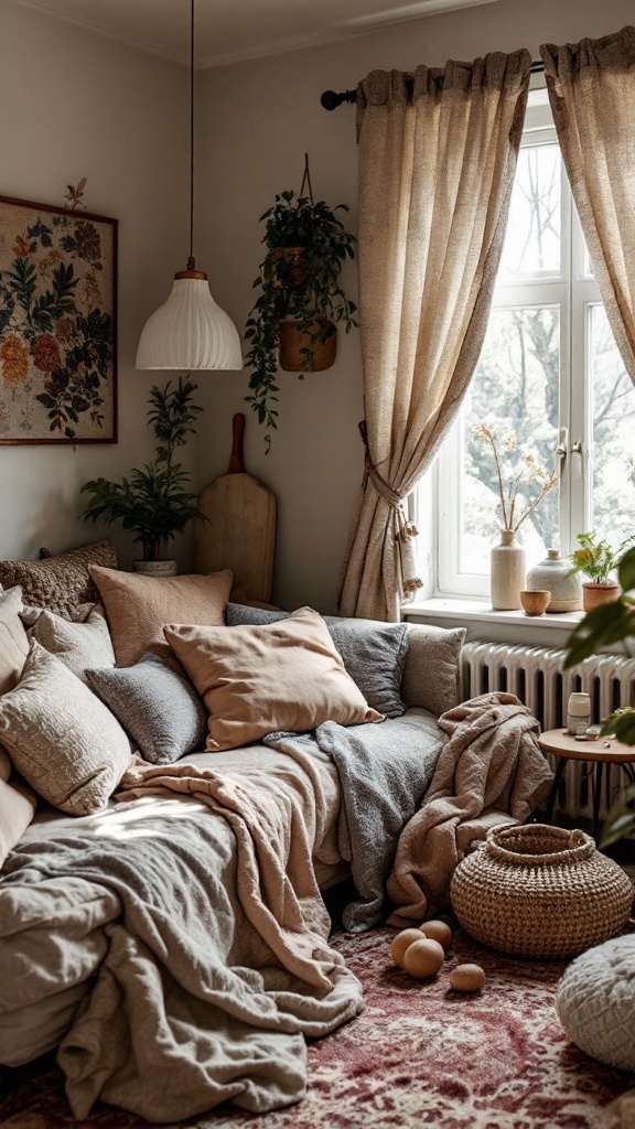 Cozy kitchen with textured fabrics, soft throws, and plush cushions.