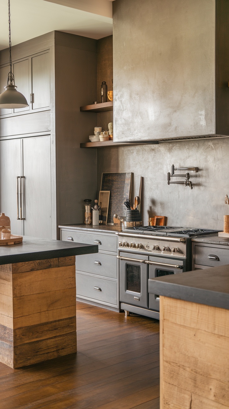 A modern kitchen featuring textured finishes and a mix of materials, highlighting wooden and metallic elements.