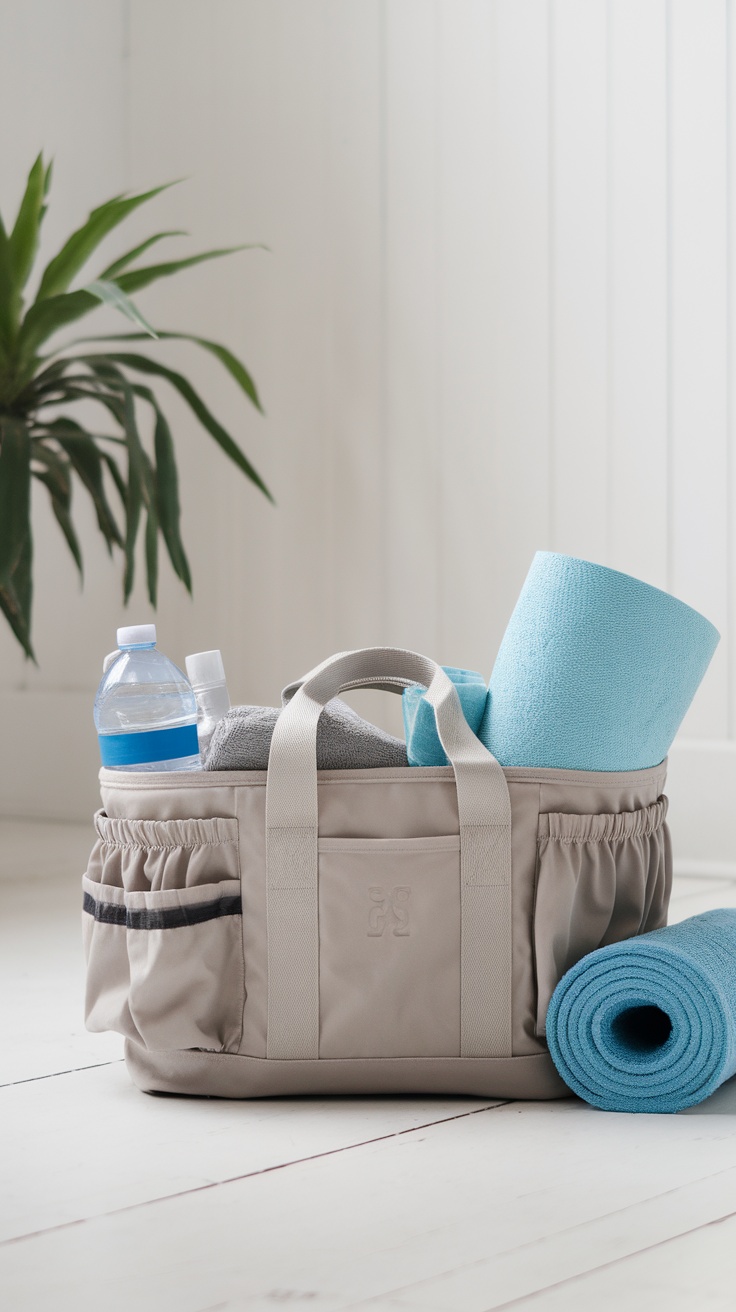 A bag with a yoga mat, towels, and water bottles, prepared for hot yoga.