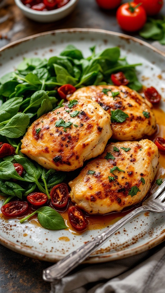 Tuscan Garlic Chicken Thighs served with spinach and sun-dried tomatoes