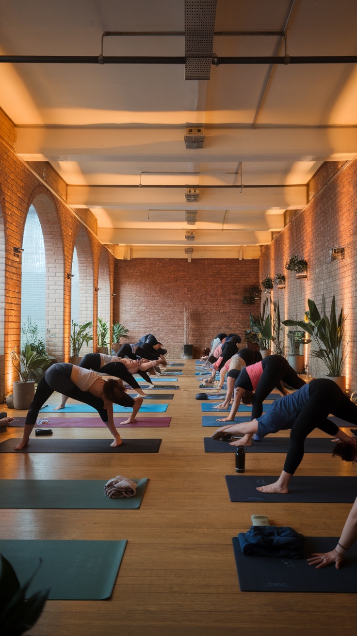 Group of people practicing hot yoga in a bright, warm room with large windows and plants.