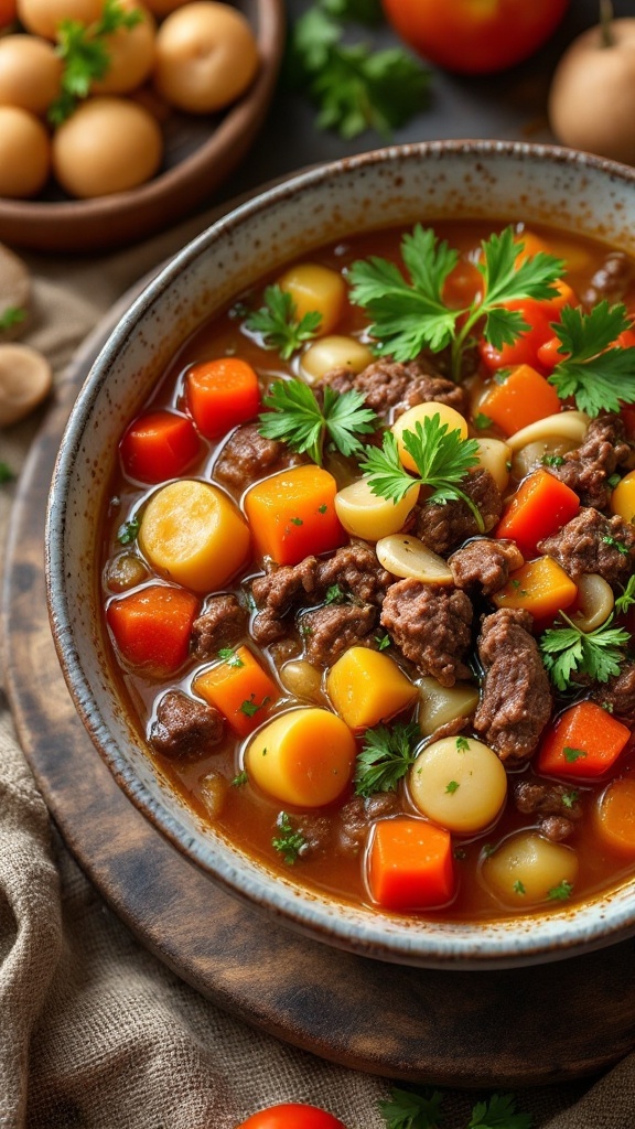 A bowl of vegetable beef soup with a variety of colorful vegetables and chunks of beef, garnished with fresh parsley.