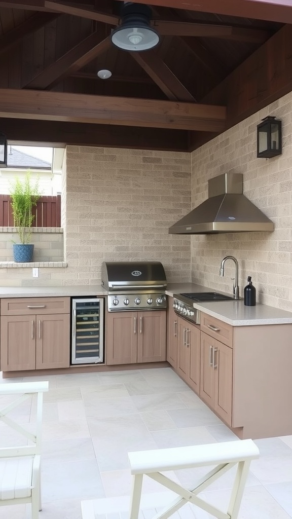 A modern outdoor kitchen with a grill, sink, and storage cabinets under a wooden roof