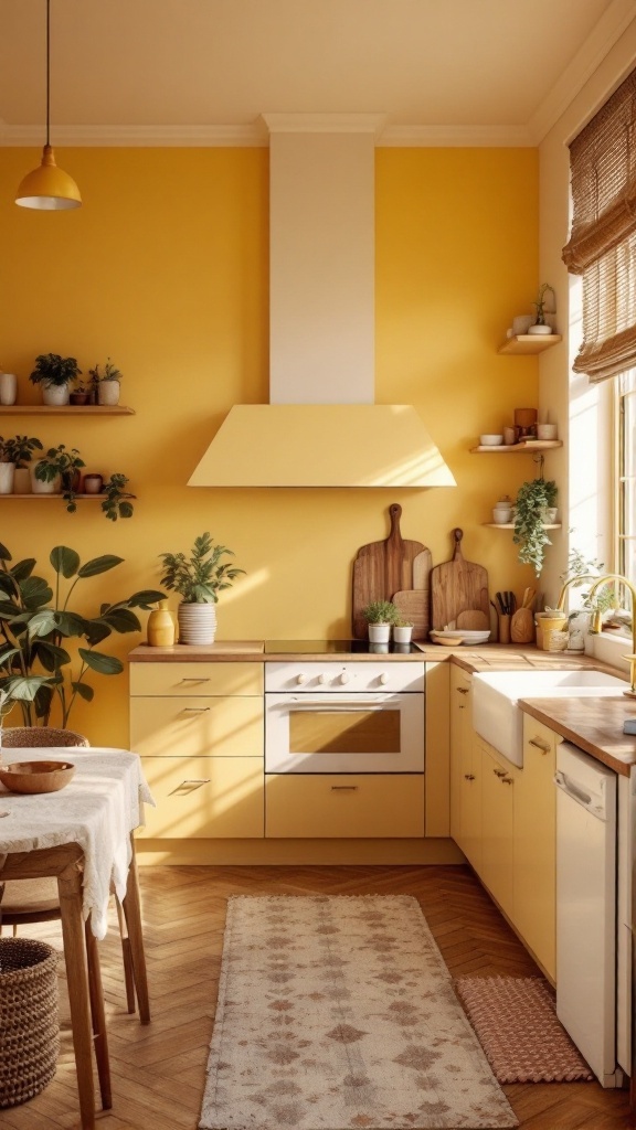 Cozy kitchen with warm yellow walls and wooden accents