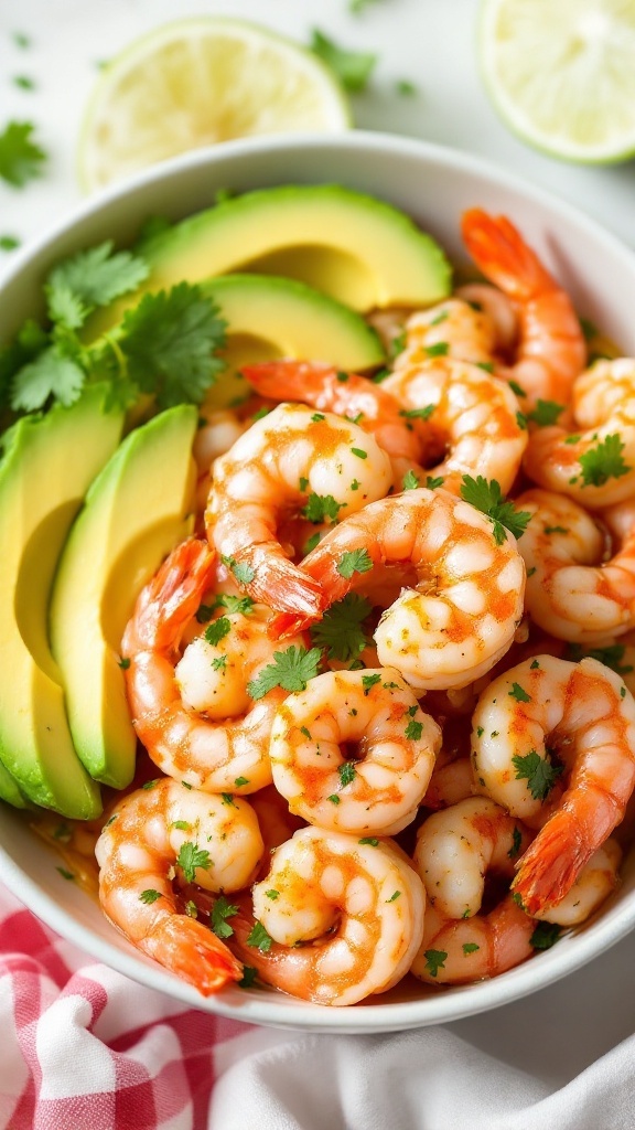A bowl of cilantro lime shrimp with sliced avocado and lime wedges.