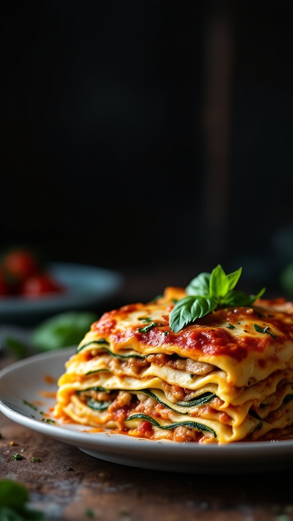 A serving of zucchini lasagna layered with ground turkey and topped with basil.