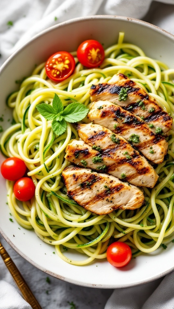 A bowl of zucchini noodles topped with grilled chicken, cherry tomatoes, and fresh basil.