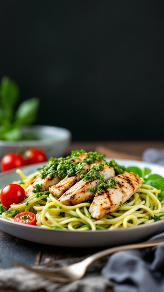 A plate of zucchini noodles topped with grilled chicken and pesto, garnished with cherry tomatoes.