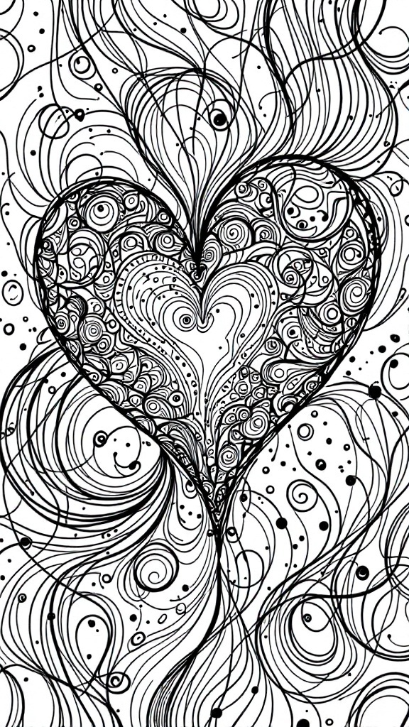 An abstract heart illustration with swirling patterns and shapes.