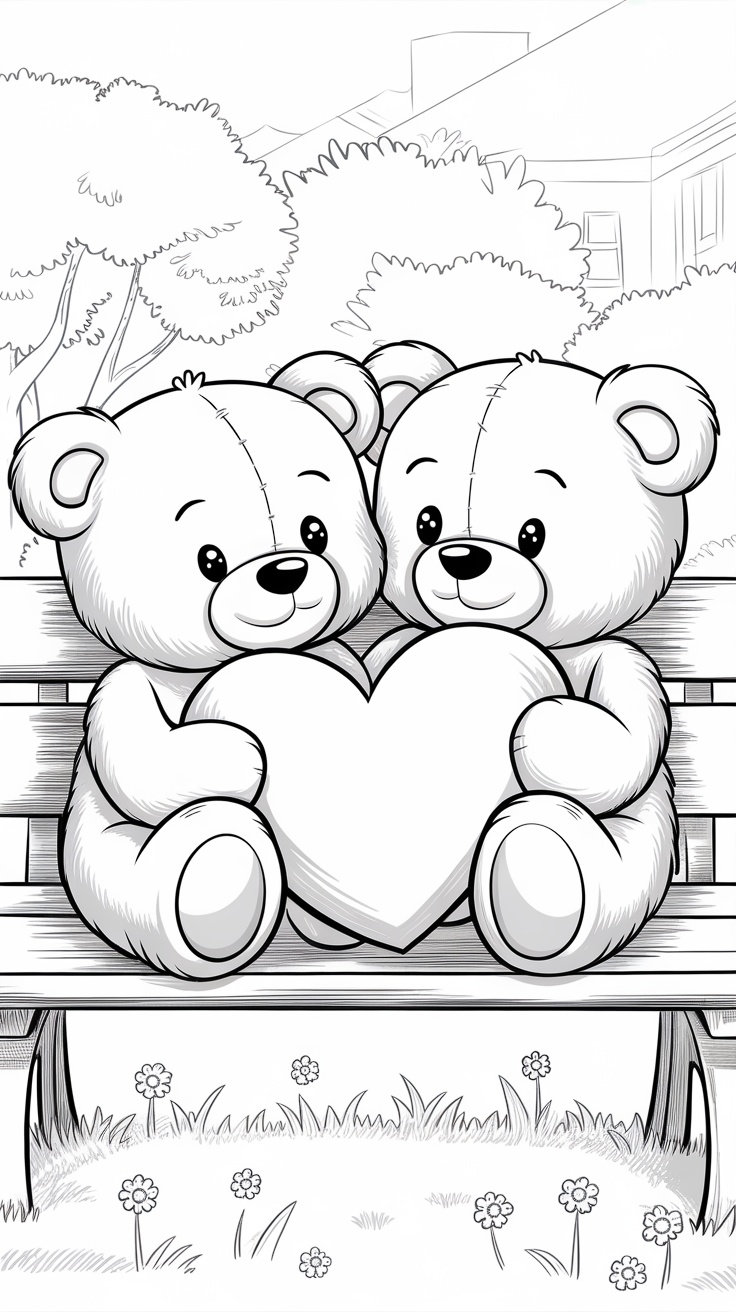 Line drawing of two teddy bears holding a heart on a bench in a park.