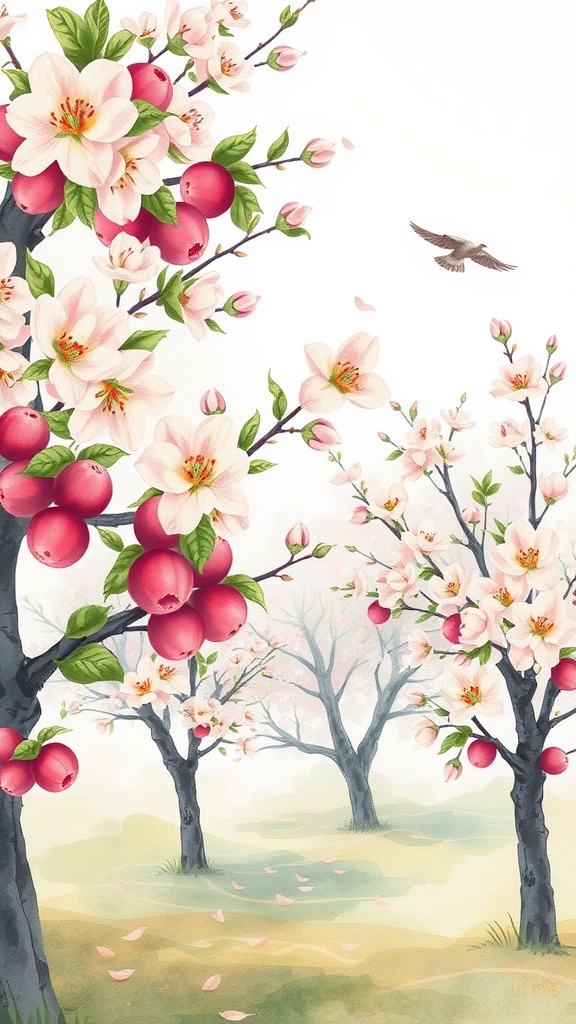 Watercolor illustration of apple blossoms and apples in a serene landscape