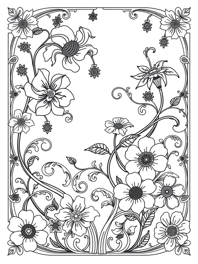 An intricate Art Nouveau floral coloring page featuring various flowers and leaves.