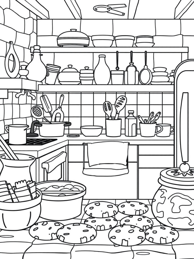 A cozy kitchen scene with baking utensils, jars, and cookies.