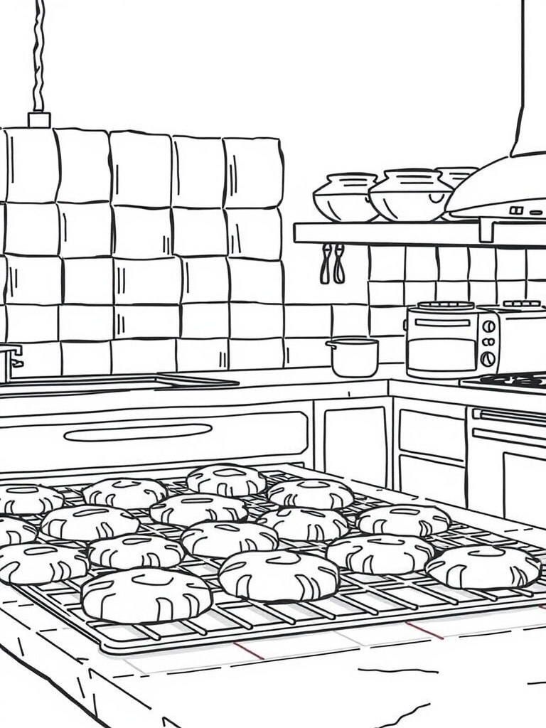 Line drawing of a kitchen with freshly baked cookies cooling on a rack.