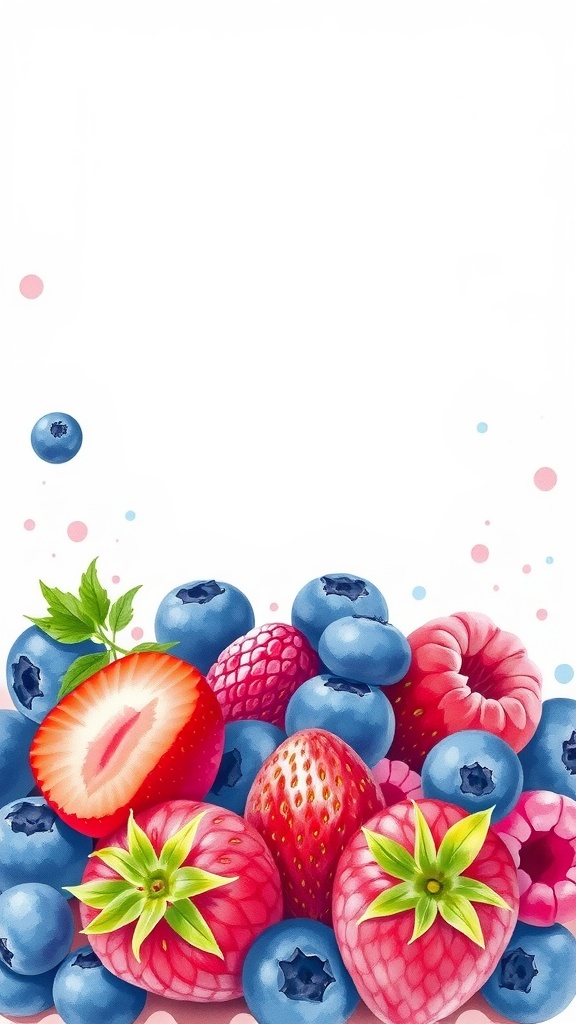 A vibrant watercolor illustration of a variety of berries, including strawberries, blueberries, and raspberries.