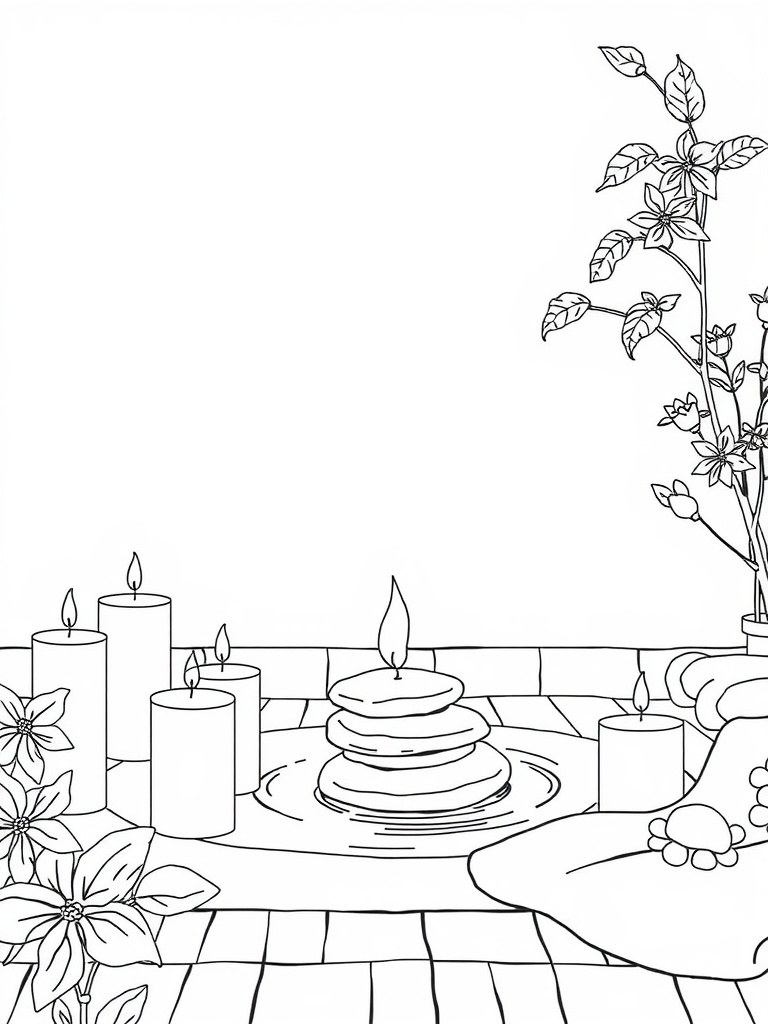 A cozy spa retreat illustration featuring candles, smooth stones, and plants.