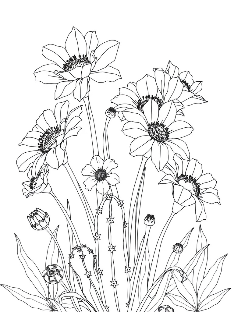 Coloring page featuring blooming cactus flowers surrounded by various other plants.