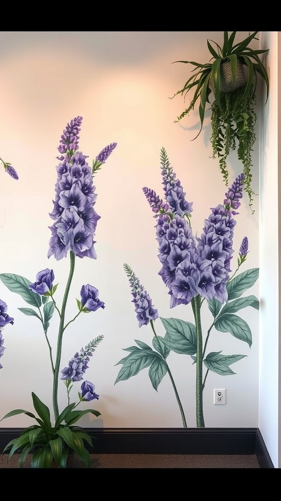 A wall with purple botanical prints and a hanging plant