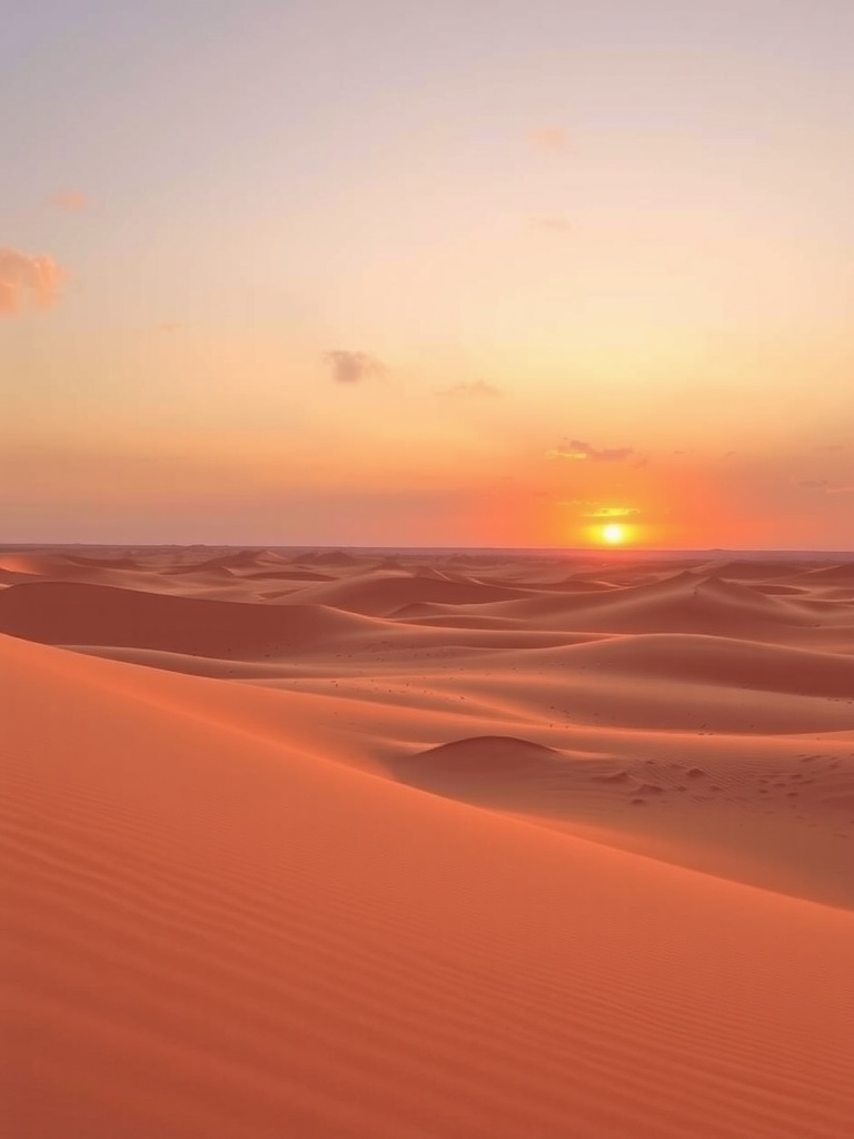 A tranquil desert landscape with soft sand dunes and a peaceful sunset.