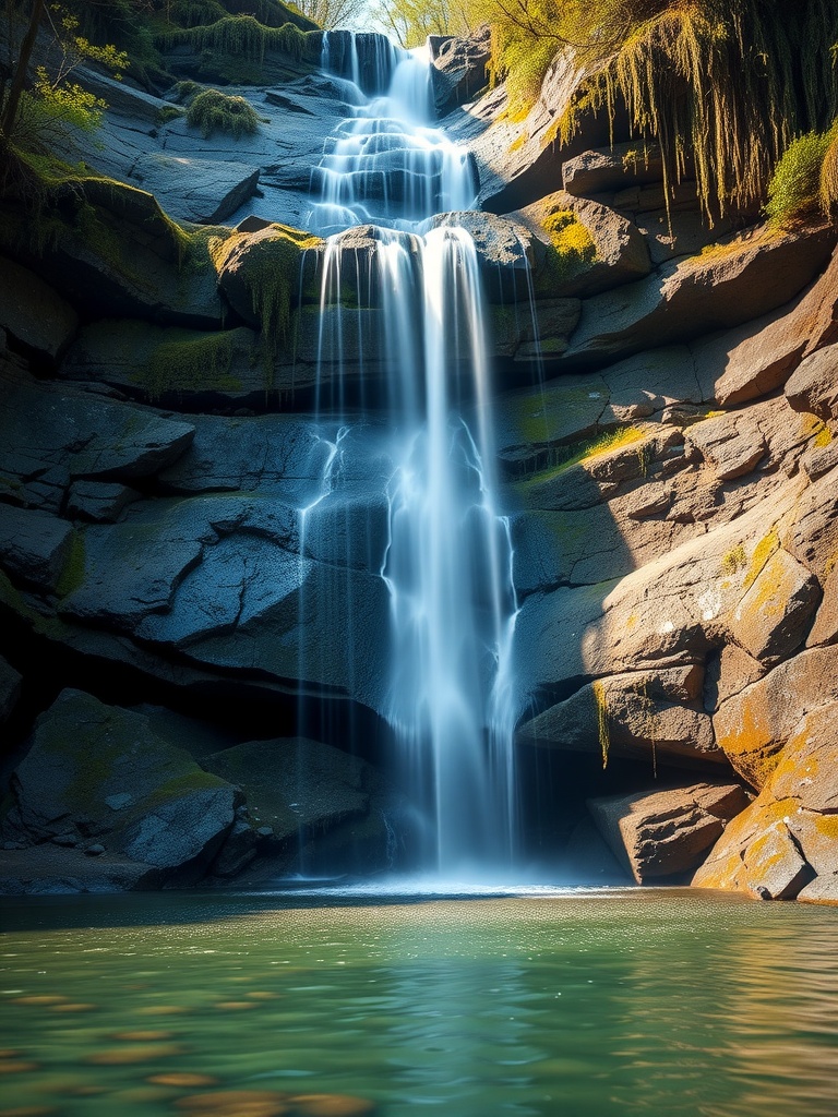 A serene image of cascading waterfalls flowing over rocks into a calm pool of water.