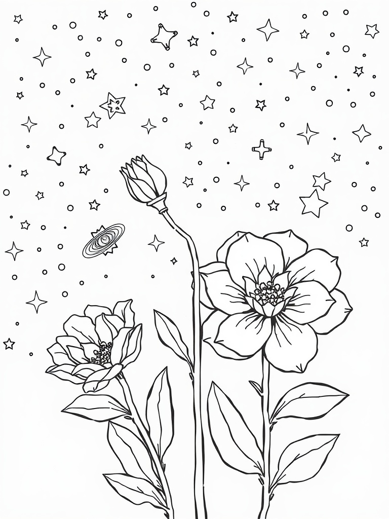 Coloring page of flowers with a starry galaxy background.