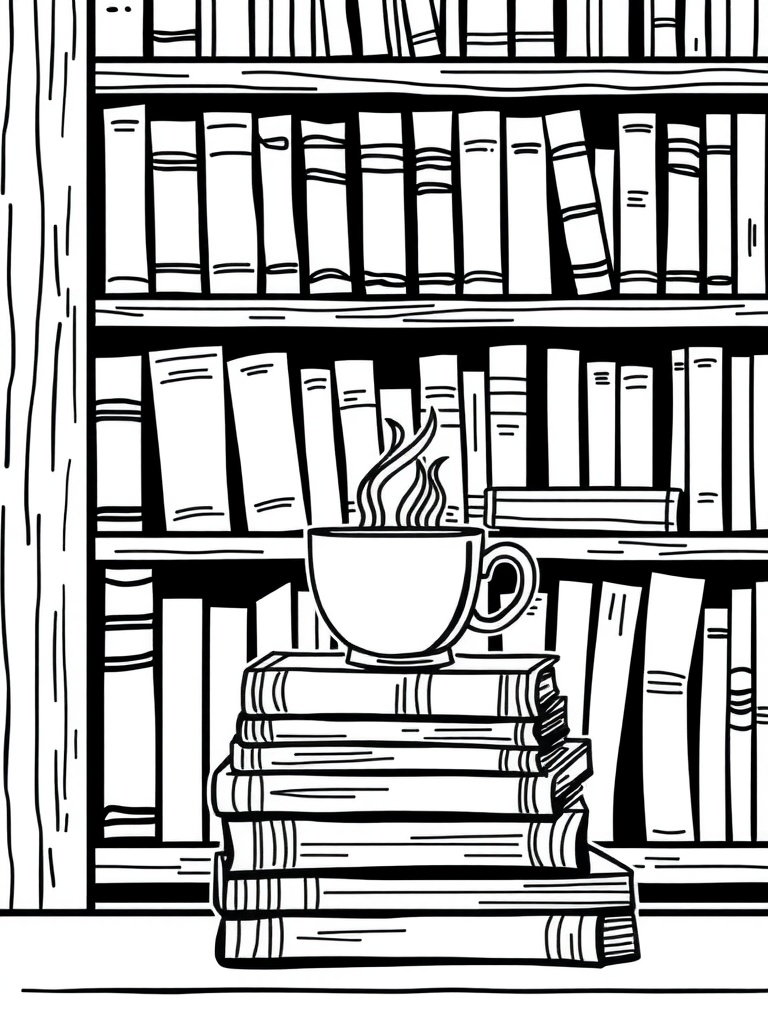 Illustration of a bookshelf with books and a cup of tea on top.