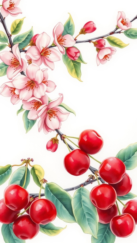 Watercolor illustration of cherry blossoms and red cherries on a white background.