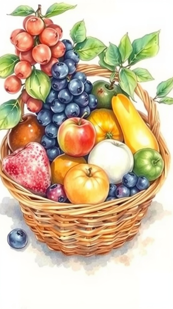 A watercolor illustration of a basket filled with various fruits including apples, grapes, and berries.