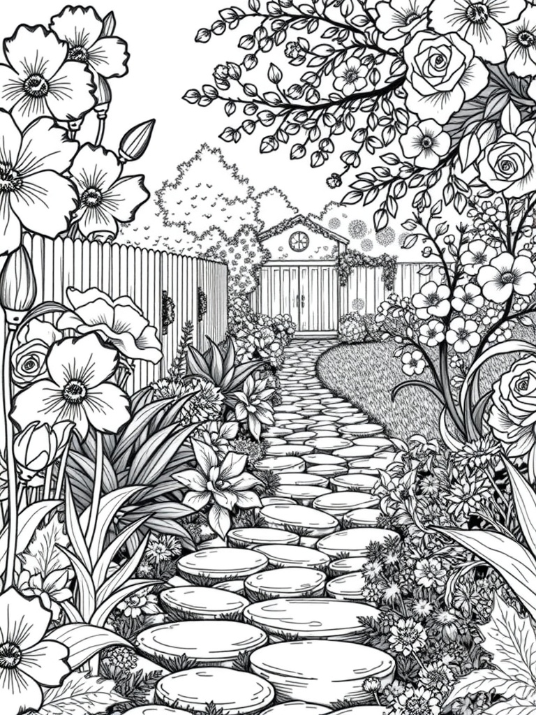 A black and white illustration of a charming garden path lined with flowers and a gate.