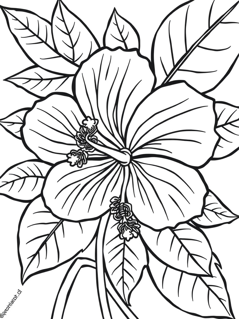 A colorful illustration of hibiscus flowers surrounded by green leaves.