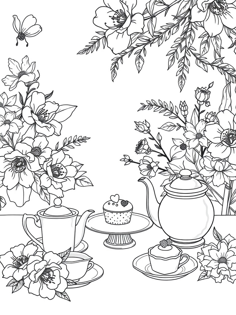 Charming tea party coloring page with teapots, cakes, and flowers.