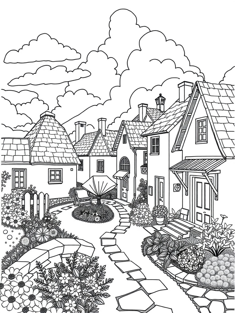 A black and white illustration of a charming village with houses, gardens, and a winding pathway.