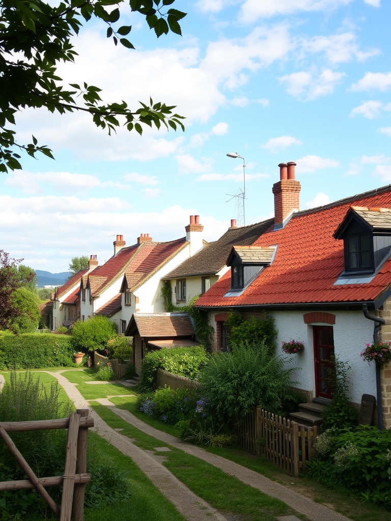 A picturesque village with charming cottages and a scenic pathway