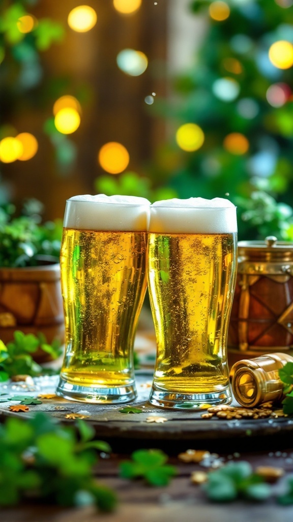 Two pints of beer with foam on top, surrounded by clovers and festive decorations.