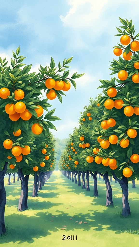 A serene citrus grove filled with orange trees under a bright sky