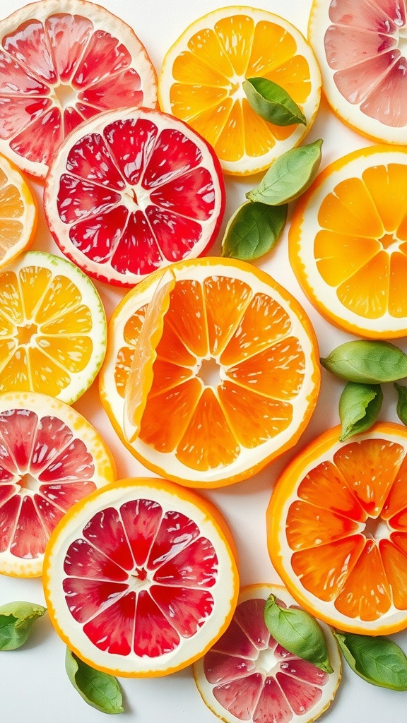 Colorful slices of citrus fruits arranged with basil leaves.