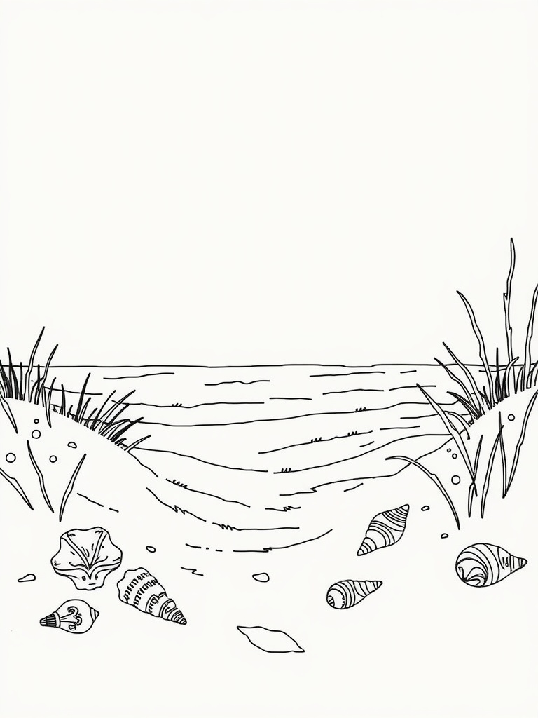 A coloring page featuring a coastal scene with seashells and gentle waves.