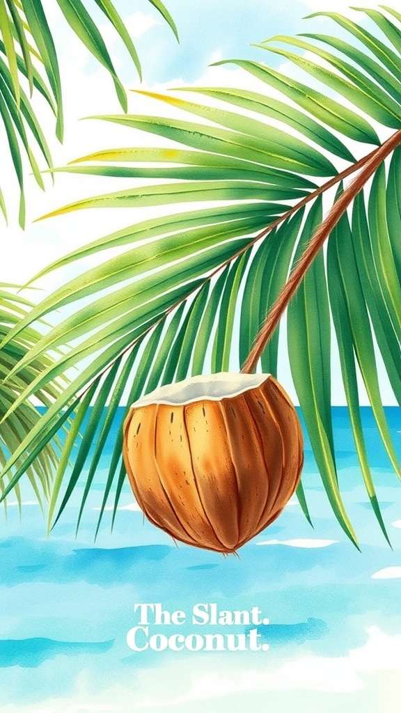 A watercolor illustration of a coconut hanging from a palm tree with a tropical beach background.