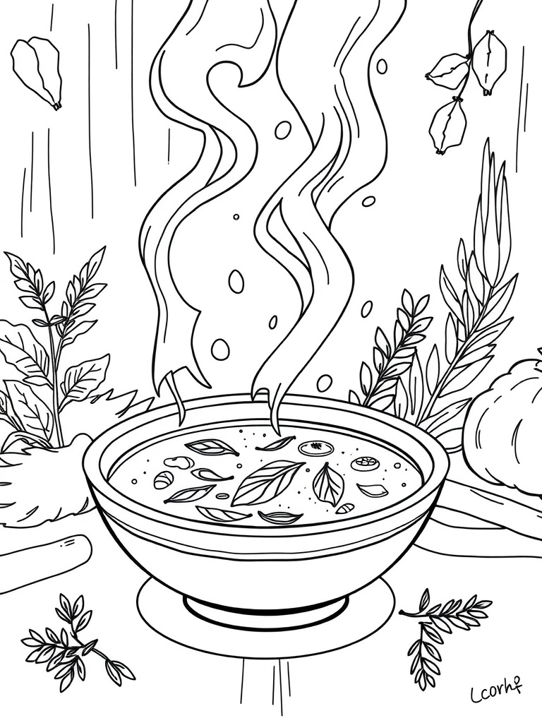 A coloring page of a bowl of soup with steam and herbs