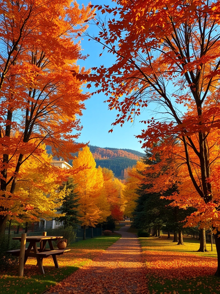 A scenic view of autumn foliage with vibrant orange and yellow leaves along a pathway.