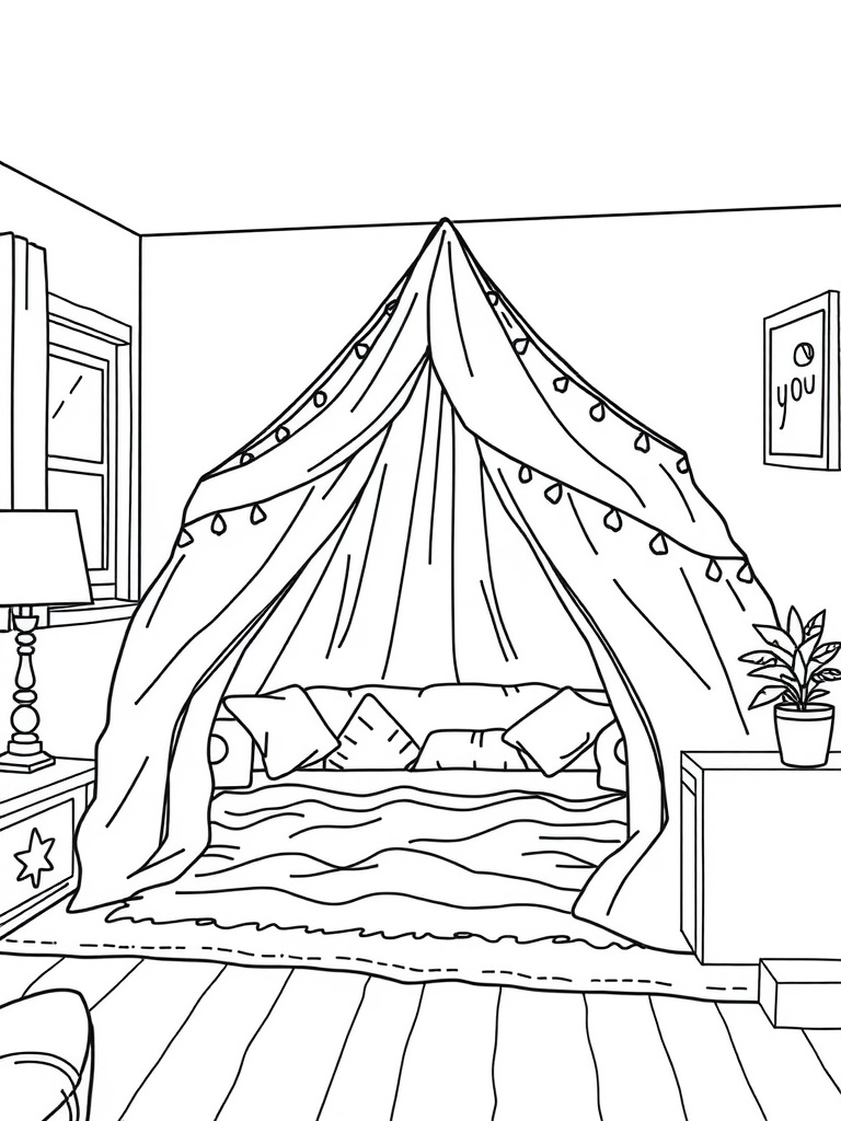 A coloring page featuring a cozy blanket fort with cushions, lights, and a warm atmosphere.