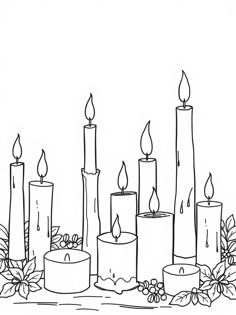 Line drawing of a cozy arrangement of candles with various shapes and sizes surrounded by leaves and flowers.