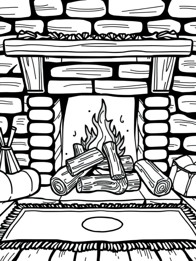 A coloring page of a cozy fireplace with logs and flames.