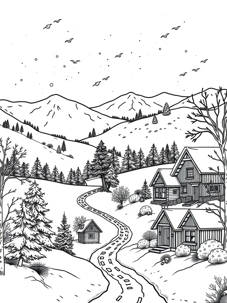 A black and white coloring page featuring a winter landscape with mountains, trees, and cabins along a winding path.