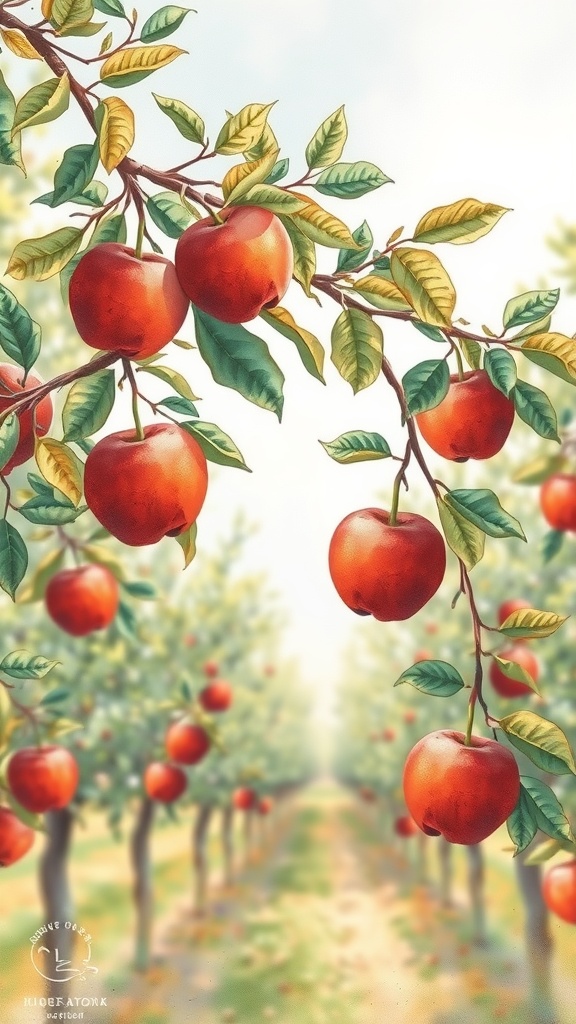 Watercolor illustration of a lush apple orchard with red apples