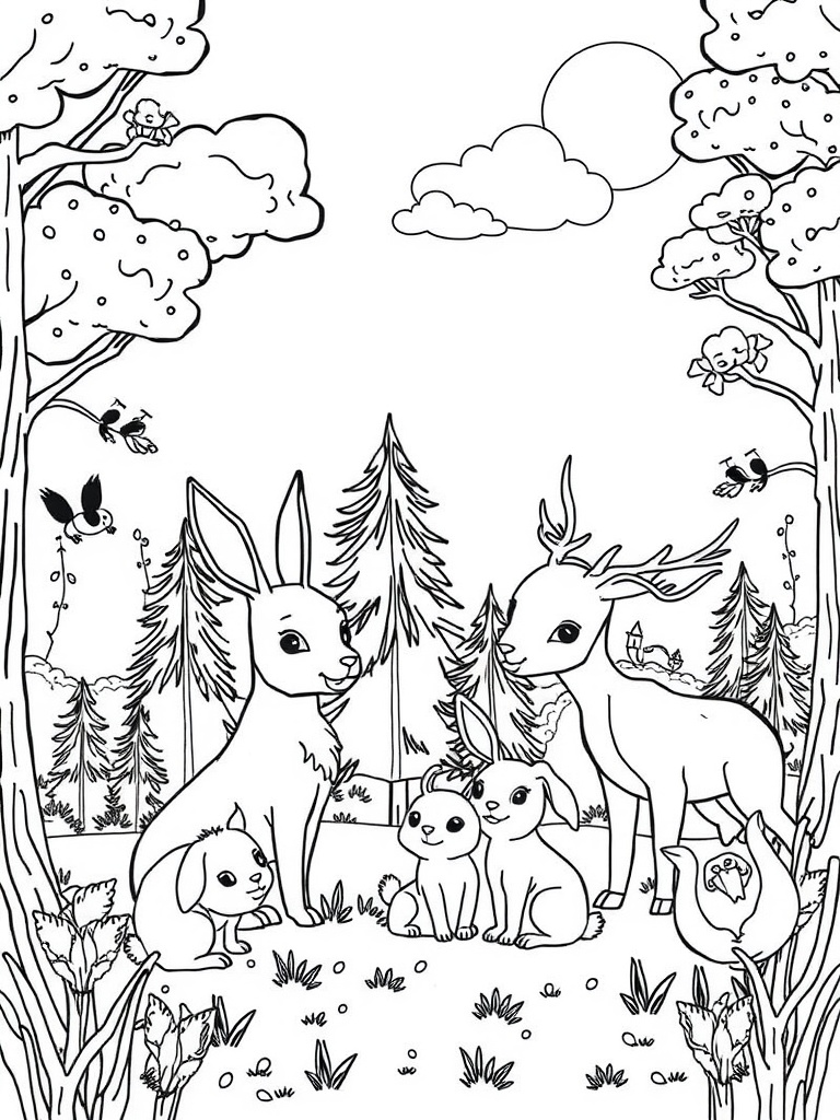 A coloring page showing a family of cute animals in a forest setting.