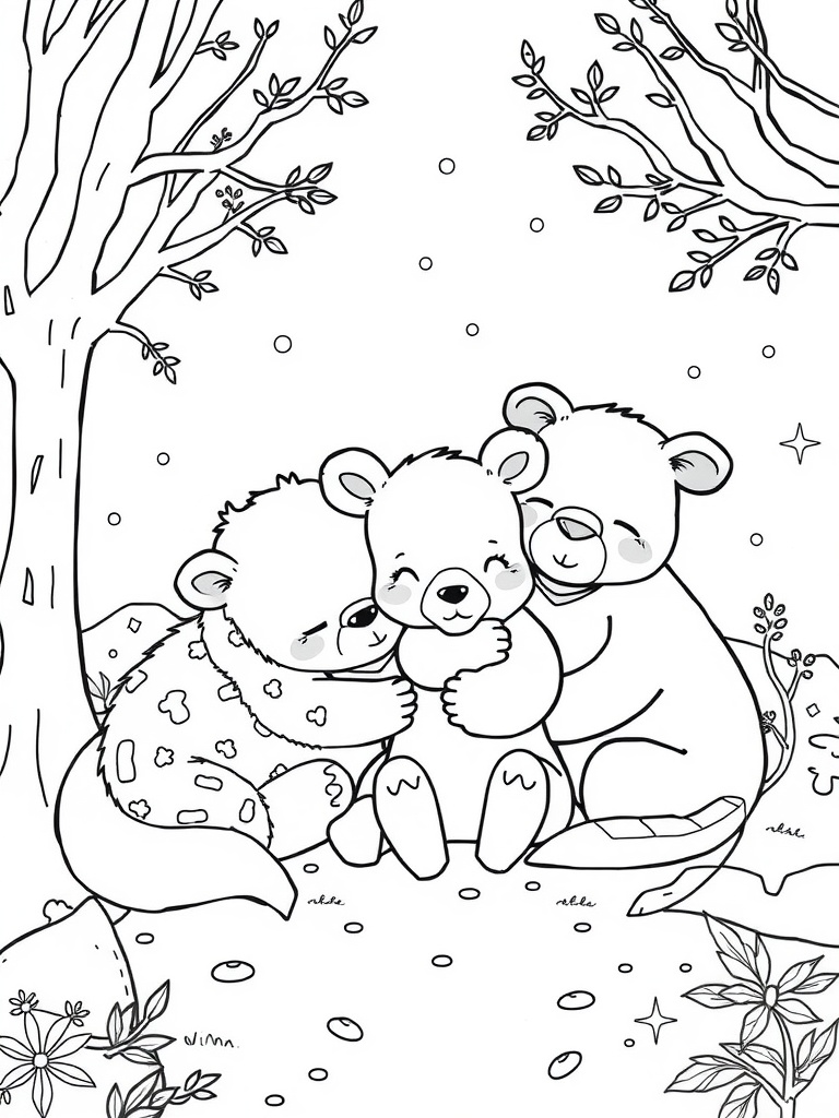 Three cute bears hugging each other in a cozy outdoor setting.