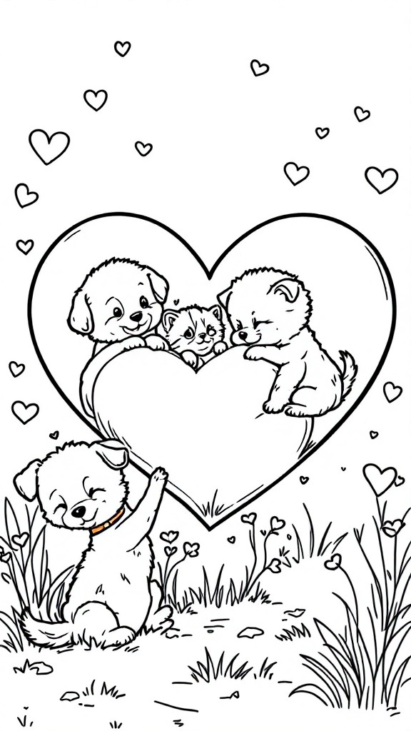 A coloring page featuring playful puppies and a kitten inside a heart shape, surrounded by small hearts.