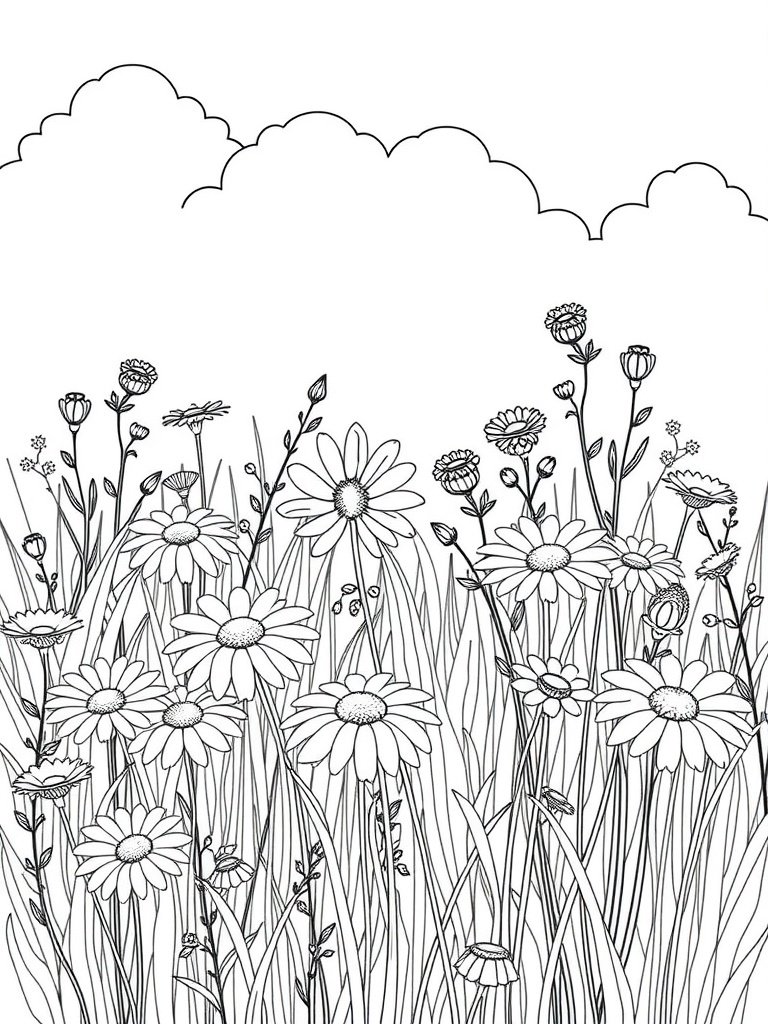 Field of daisies with various flowers and grasses outlined for coloring